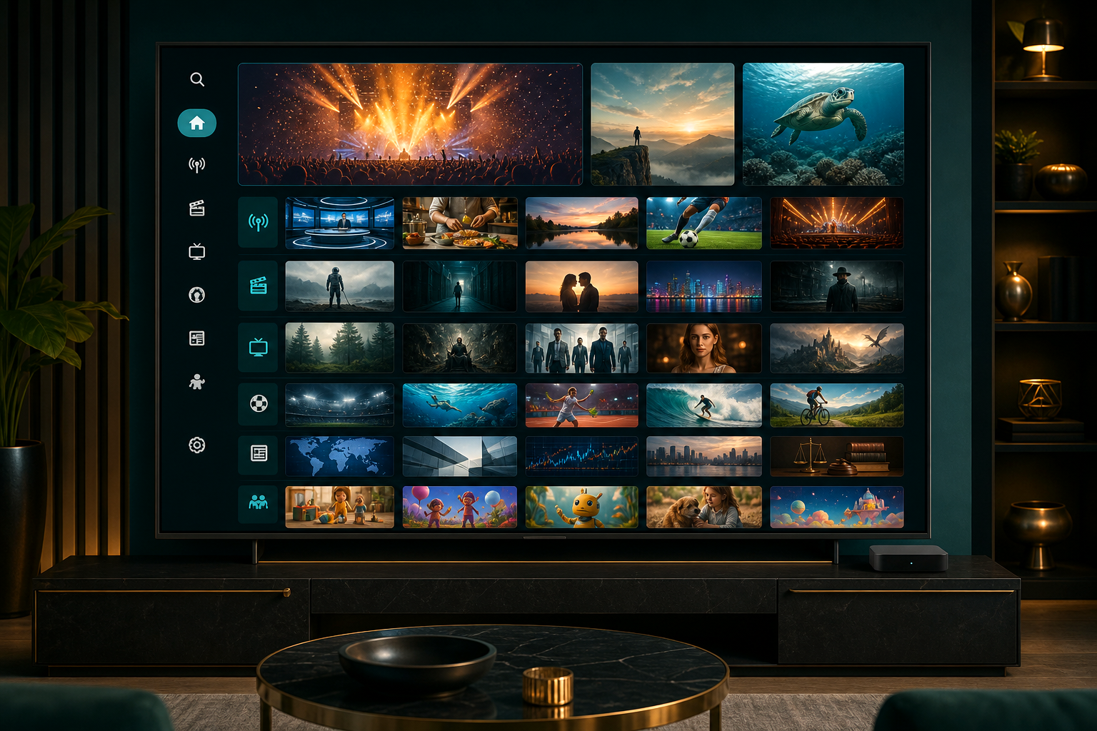 IPTV Box Oberfläche mit Live TV Filmen Serien Sport Nachrichten und Familieninhalten