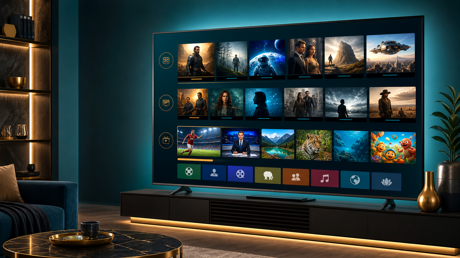 IPTV Box mit Filmen Serien und bekannten Live TV Senderkategorien