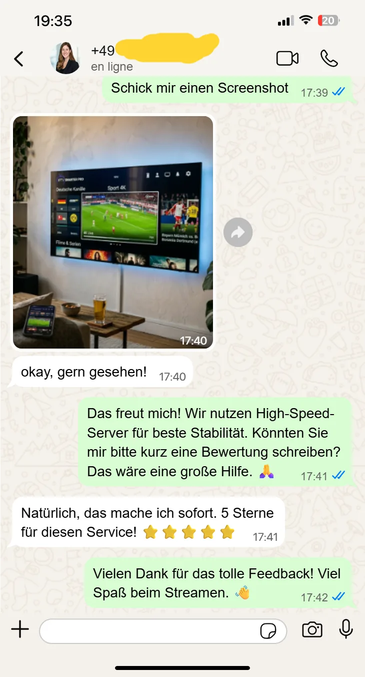 IPTV Box WhatsApp Beratung: Kundenfeedback nach erfolgreicher Einrichtung